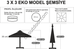 CLK 3x3 Metre Saçaklı Eko Model Krank Sistem Teleskopik Şemsiye Q80 Profil